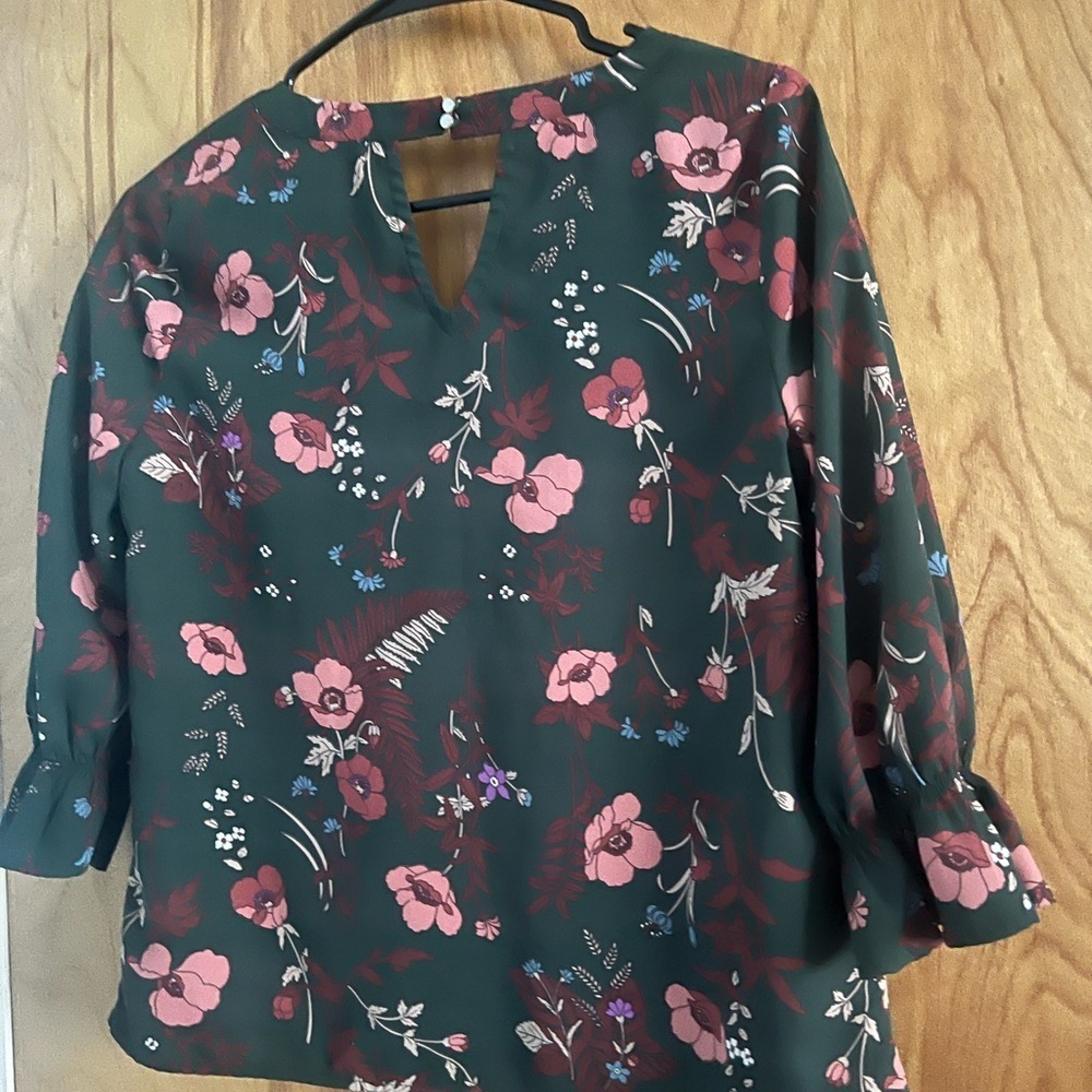 Skies Are Blue Dark Green Blouse with Pink and Purple Floral Design - Picture 5 of 11